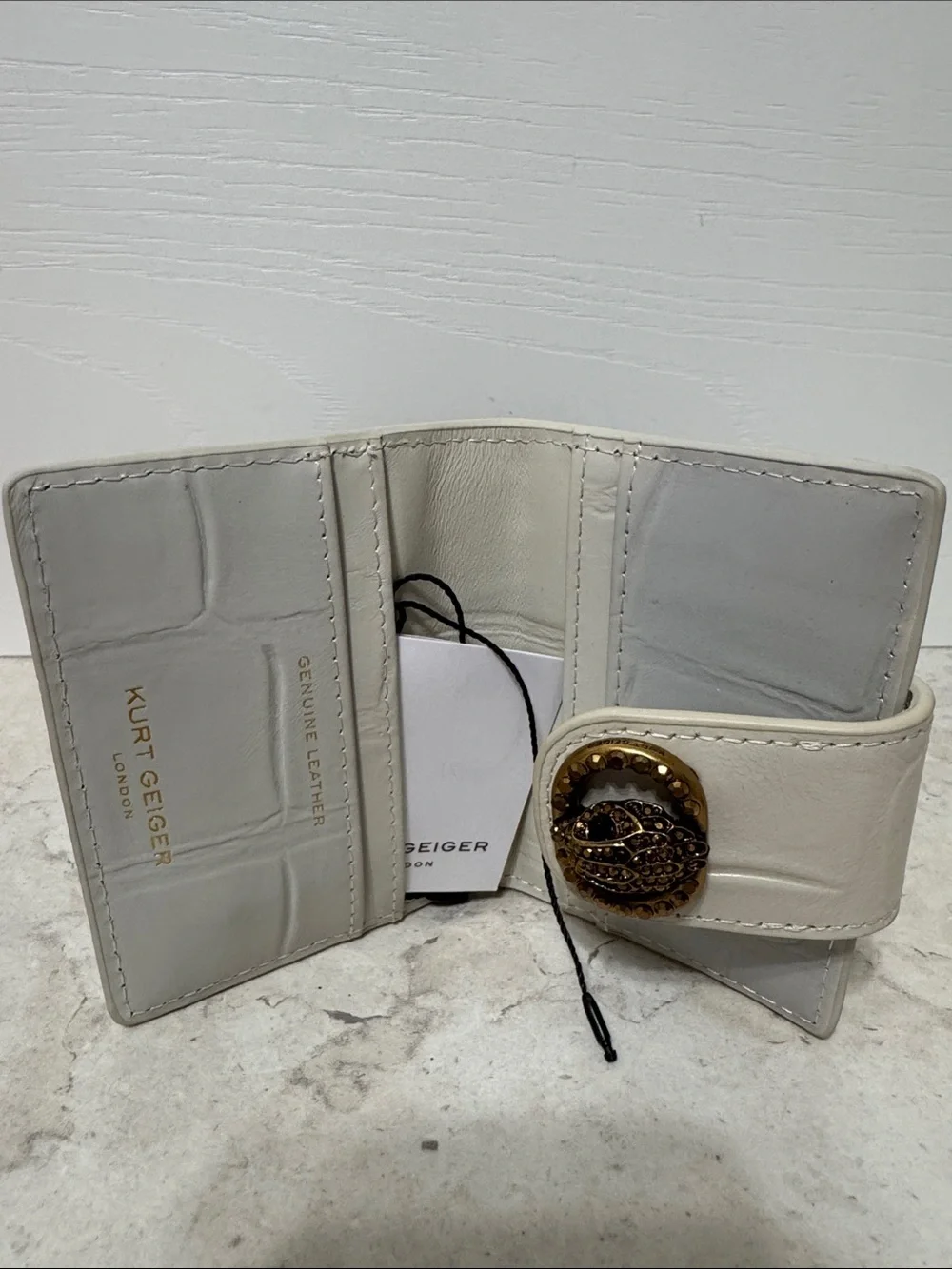 Kurt Geiger Leather Compact Chelsea Wallet with Gold Hardware -bone NWT and box